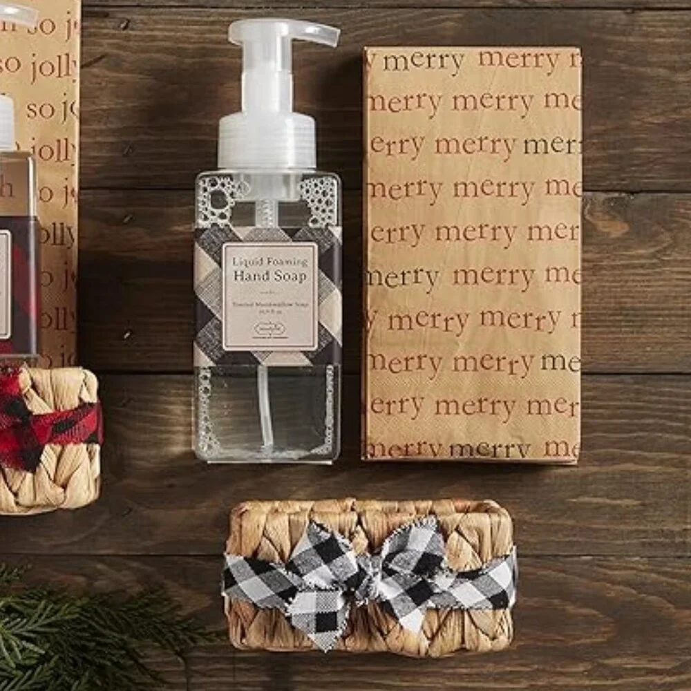 Mud Pie Cream Check Soap and Guest Towel Basket Set/NWT